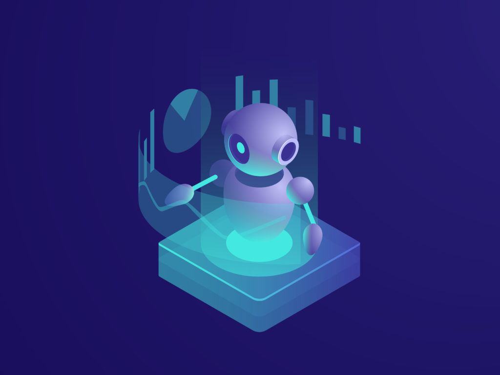 Vector image depicting bot collating graphs.