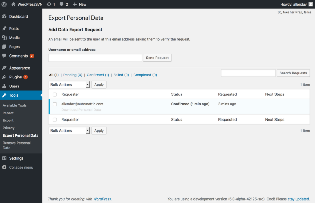 A screenshot of the The Export Personal Data screen of Wordpress