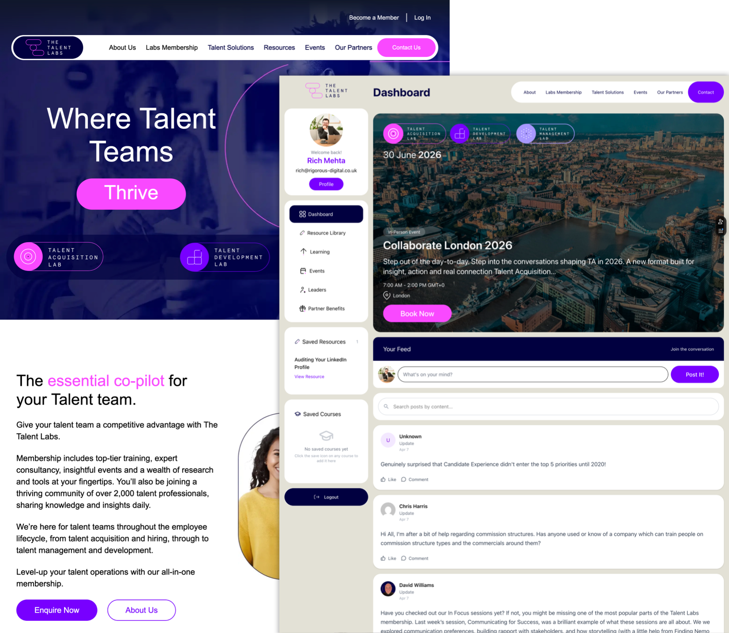 A screenshot showing the Talent Labs homepage, and the Talent Labs member's dashboard