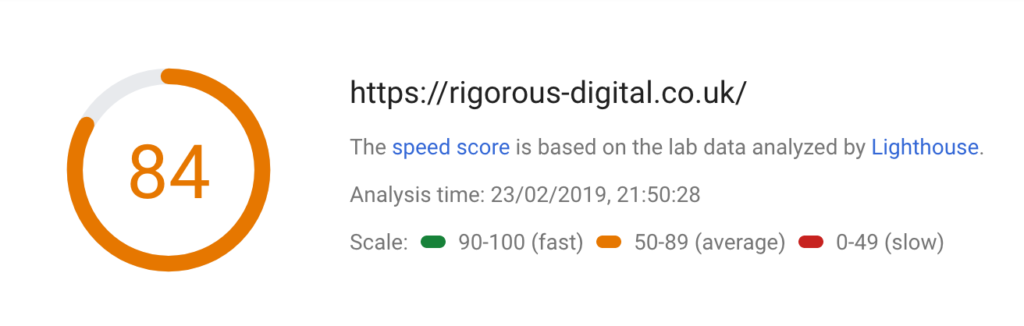 A screenshot of the Google pagespeed result for this website